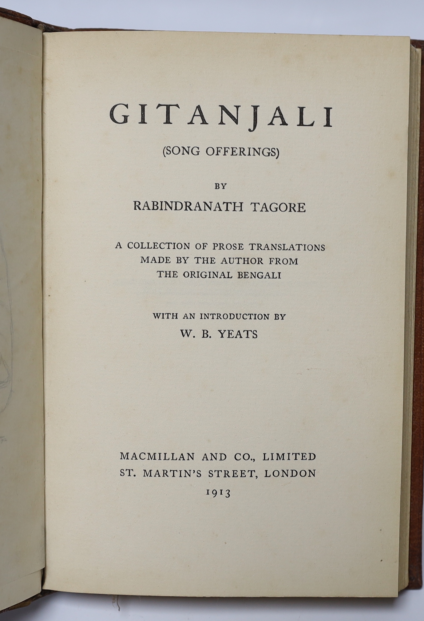 Bindings: Tagore, Rabindranath - Gitanjali (Song Offerings): a collection of prose translations....from the original Bengali. With an introduction by W.B. Yeats. port. frontis.; mid 20th cent. blind decorated and lettere